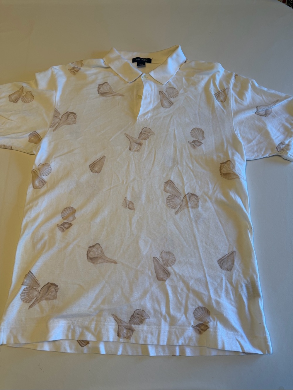 Nautica White Polo with Tan Shell Motif 100% cotton size Large